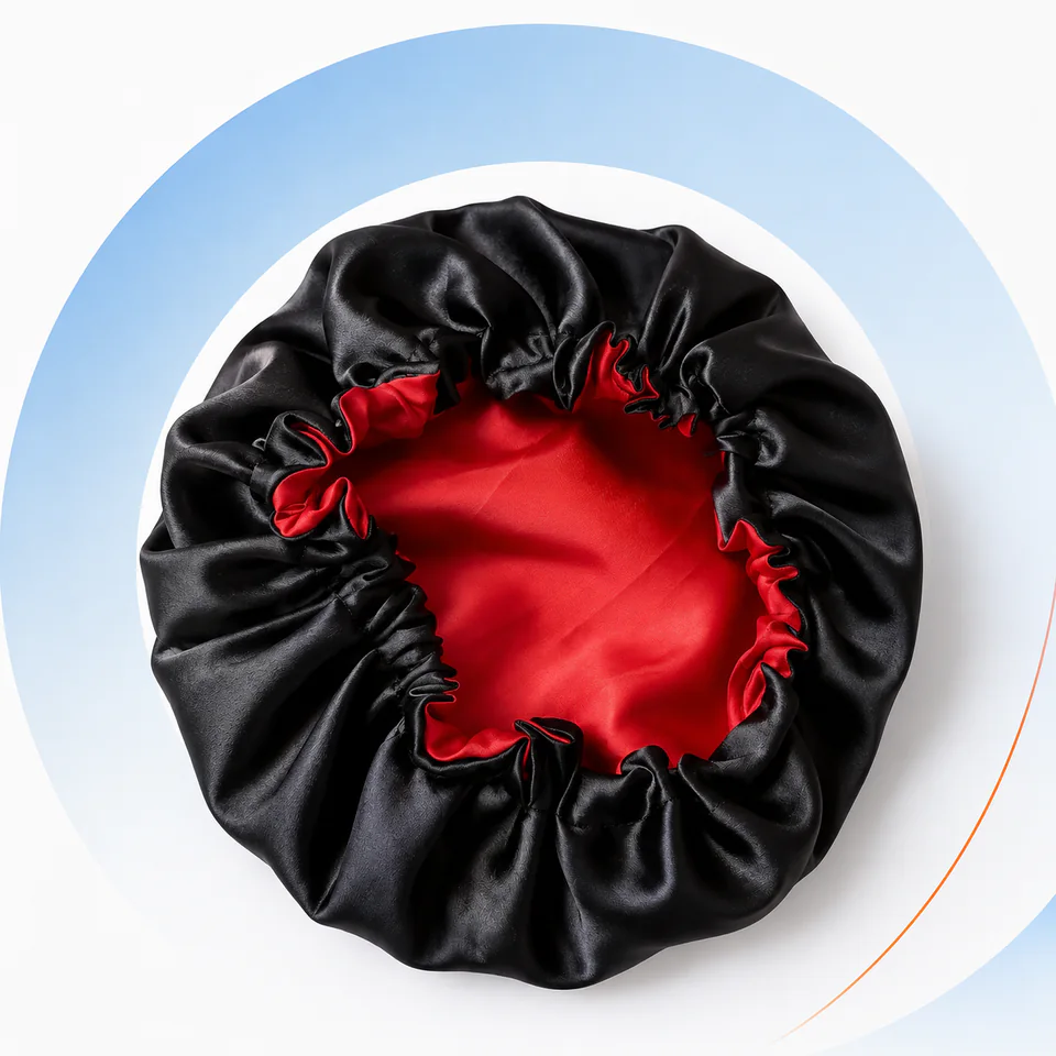 Touca de cetim preta com interior vermelho produzida pela MecKost